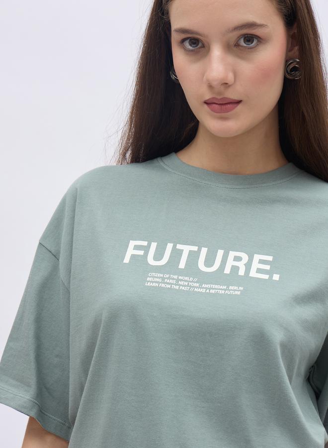 Styli Women Green Slogan Print Short Sleeve Oversized T-Shirt - Image 4